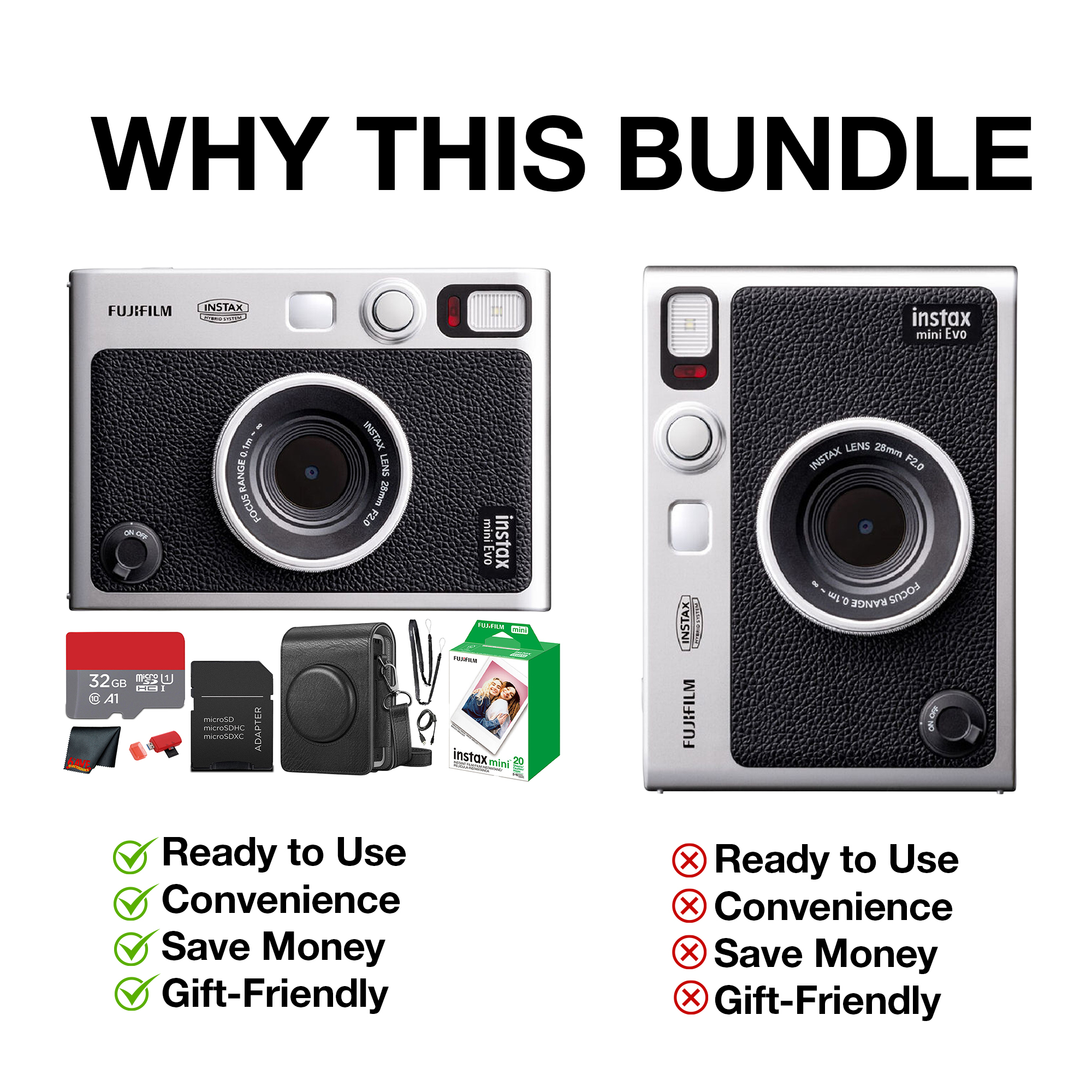 Fujifilm Instax Mini EVO Instant Film Camera (Black) with 20 Films