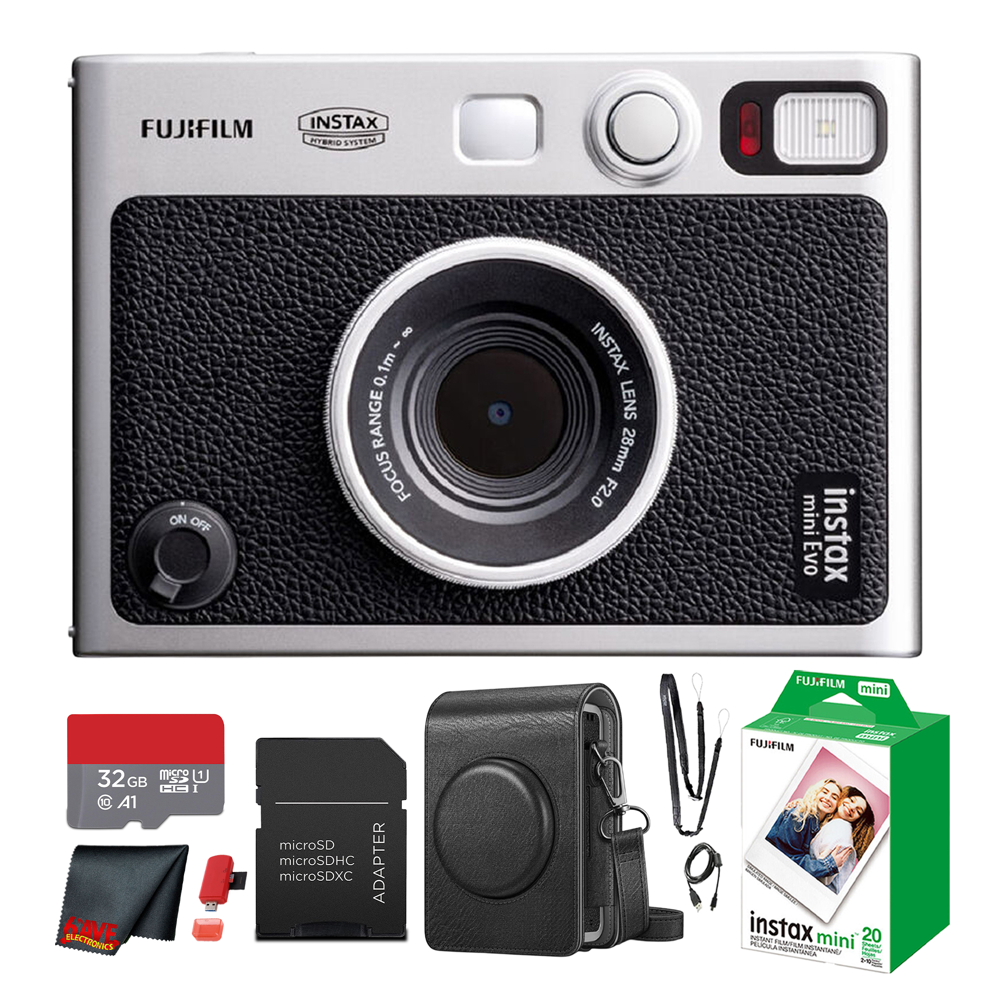 Fujifilm Instax Mini EVO Instant Camera, Black, w/ 20 Films & 32GB